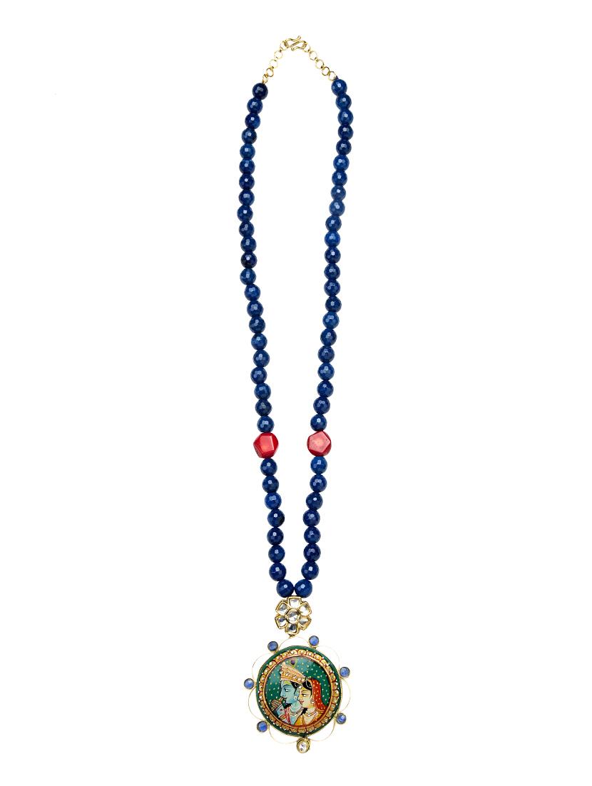 blue agate beads accent an unusual hand painted radha krishan pendant - 13773961 - Zoom Image - 2
