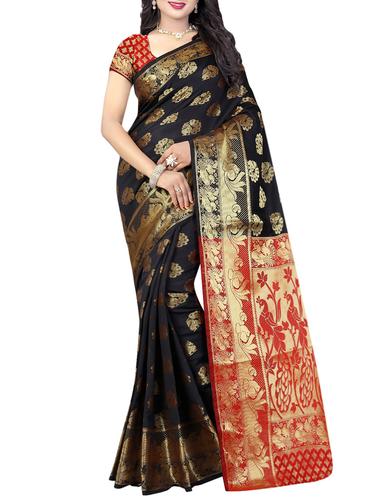 black & red silk blend banarasi saree with blouse - 13777494 - Very Small Image - 1
