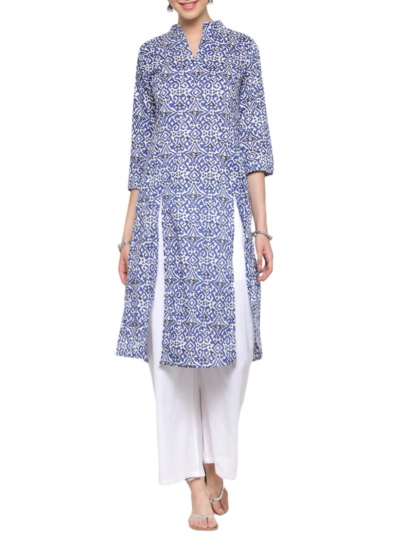 blue cotton printed kurta palazzo set