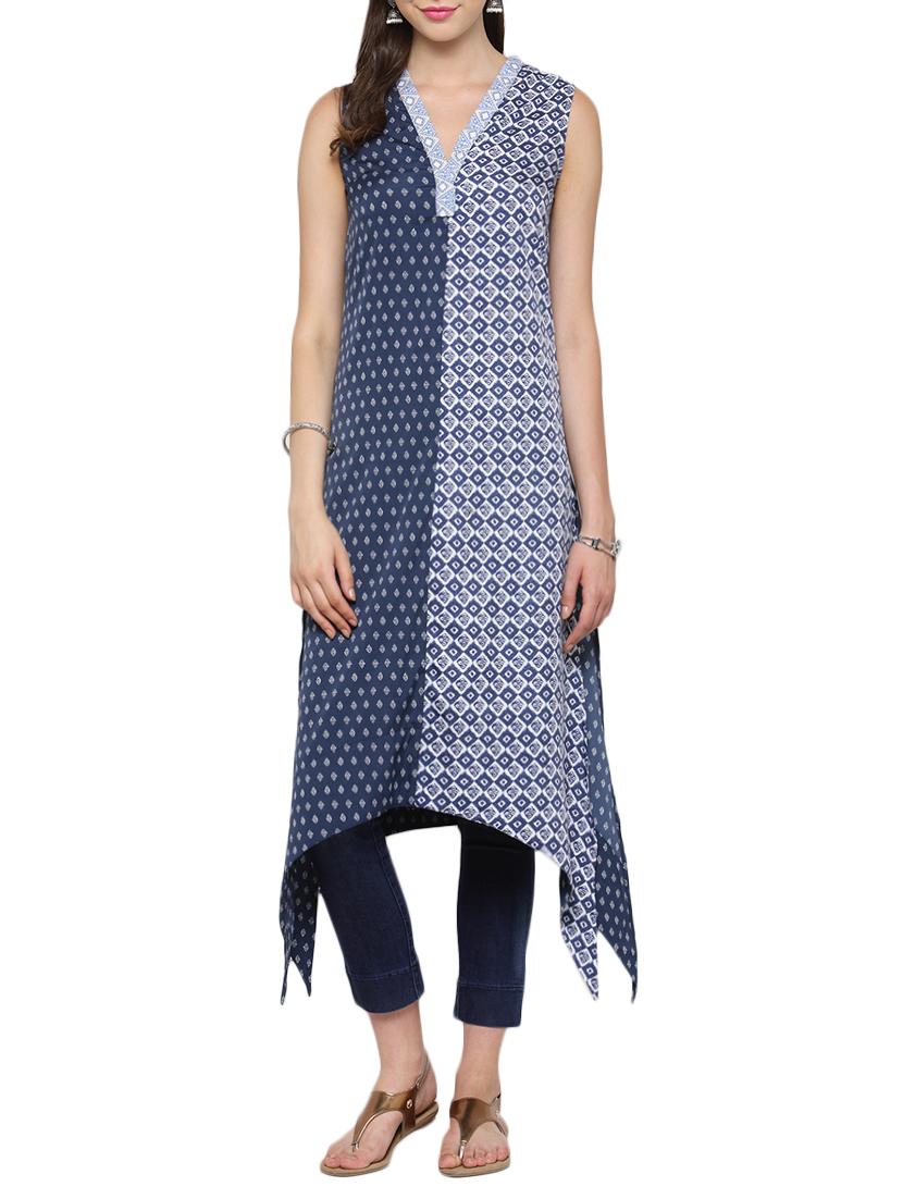 blue printed high-low kurta - 13778207 - Zoom Image - 1