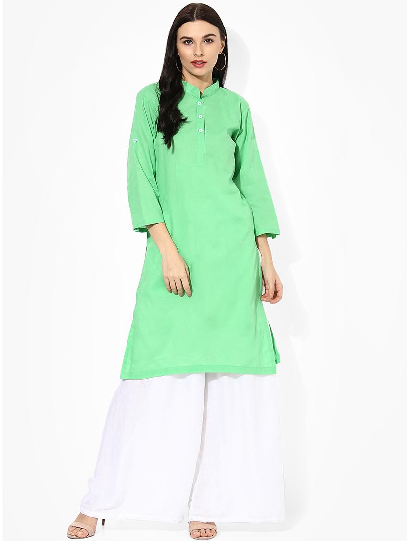 green cotton solid straight kurta - 13807630 - Zoom Image - 1