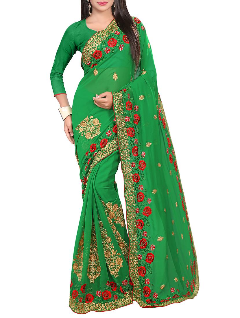 green georgette embroidered saree with blouse - 13820629 - Zoom Image - 1
