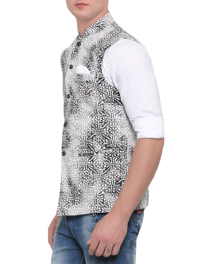 grey cotton floral nehru jacket - 13831982 - Zoom Image - 2