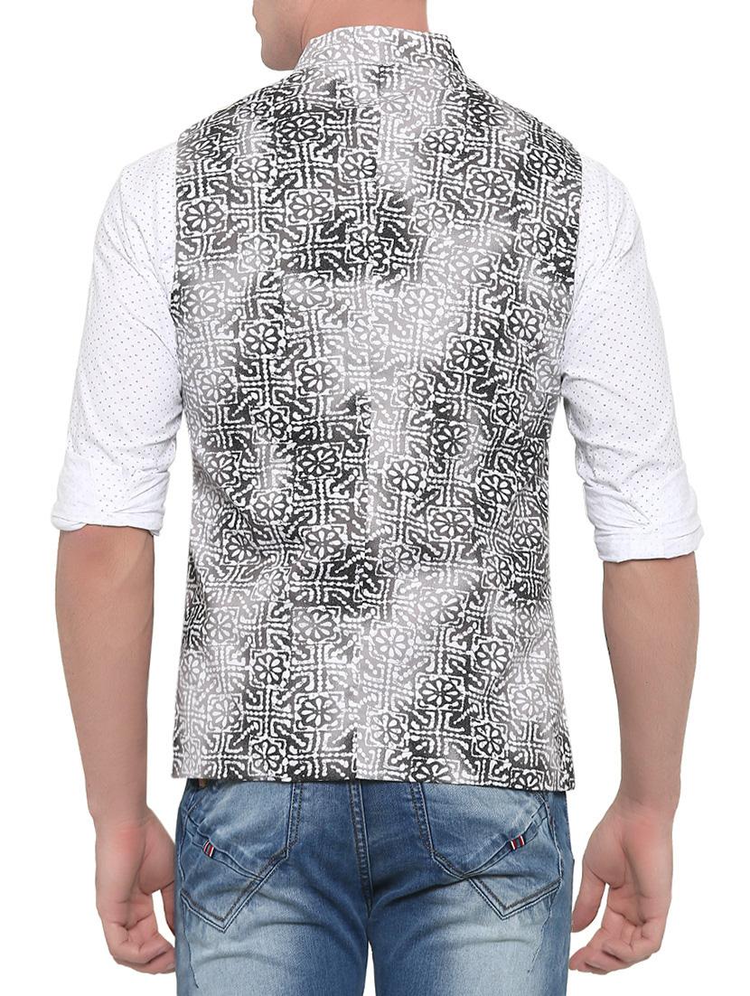 grey cotton floral nehru jacket - 13831982 - Zoom Image - 3