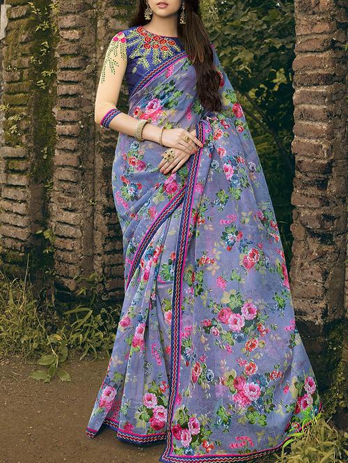 grey rajjo net printed saree with blouse - 13848043 -  Standard Image - 0