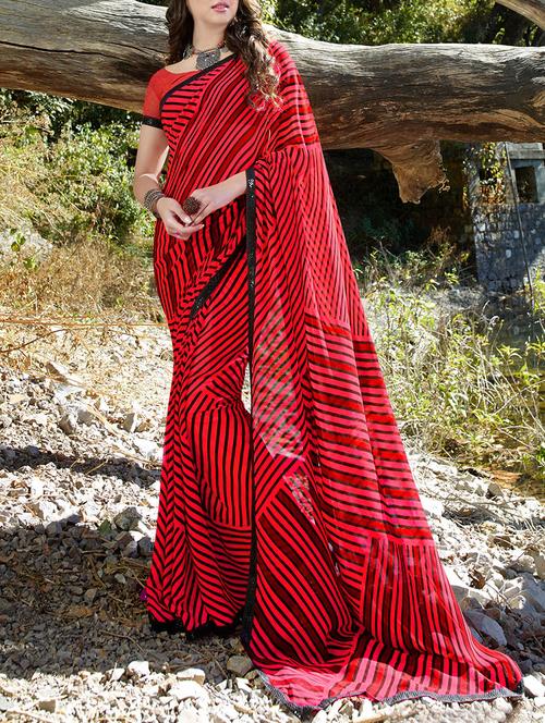 red georgette printed saree with blouse - 13848064 - Very Small Image - 1