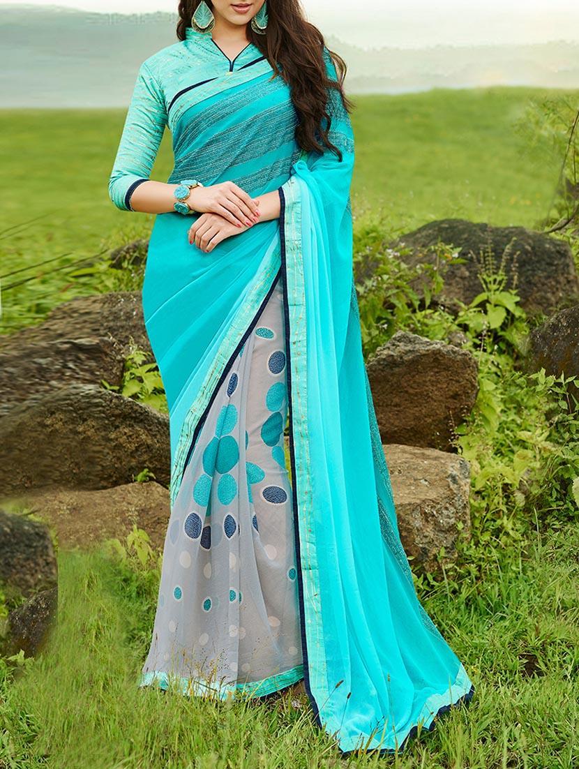 Sky blue & grey georgette printed half & half saree with blouse - 13848094 - Zoom Image - 1