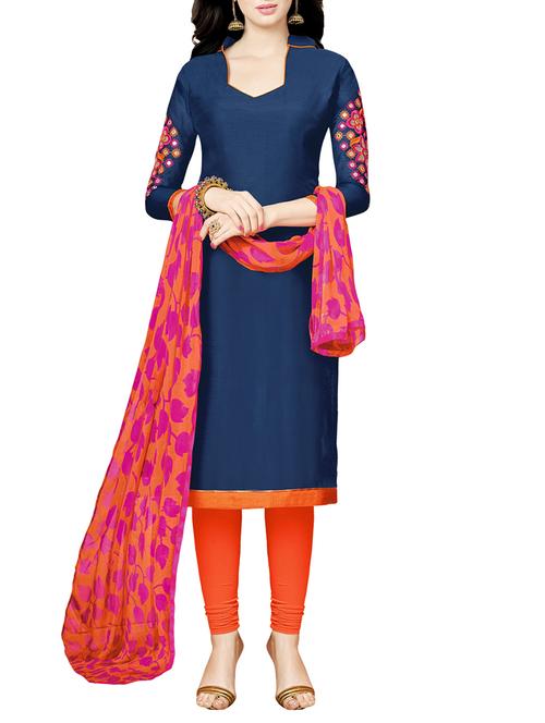 navy blue chanderi cotton embroidered churidaar suit dress material - 13857383 - Standard Image - 1