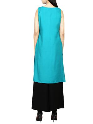 turquoise rayon straight kurta - 13865319 - Standard Image - 3