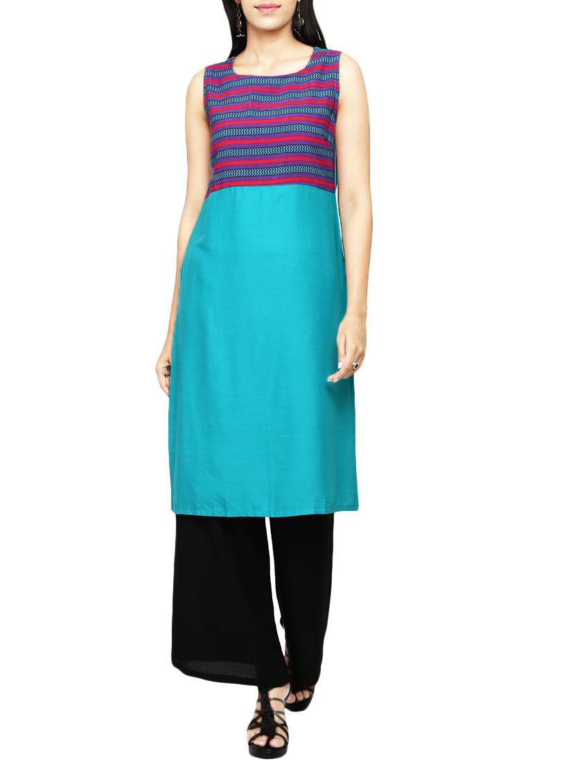 turquoise rayon straight kurta - 13865319 - Zoom Image - 1