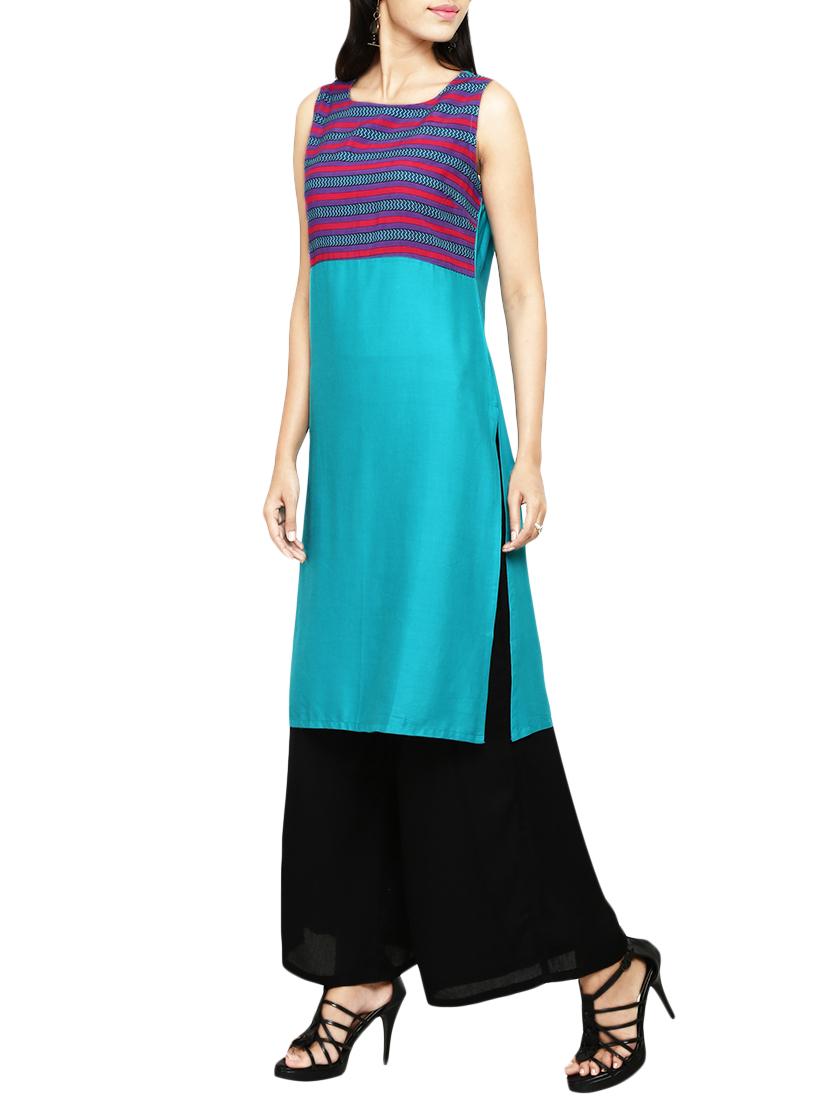 turquoise rayon straight kurta - 13865319 - Zoom Image - 2