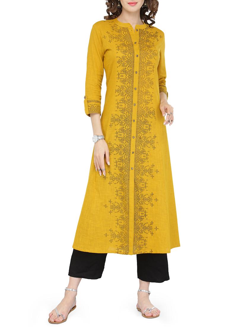 mustard princess panel printed kurta - 13866656 - Zoom Image - 1