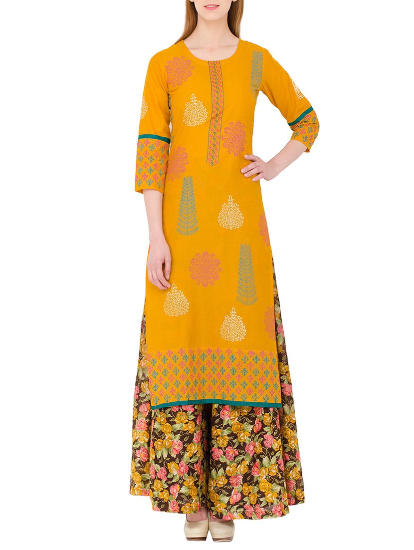mustard cotton printed straight kurta - 13877741 - Zoom Image - 1