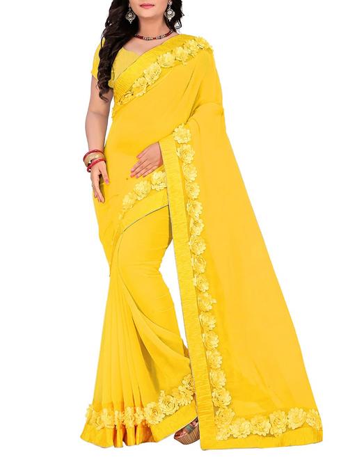 yellow georgette bordered saree with blouse - 13878144 - Standard Image - 1
