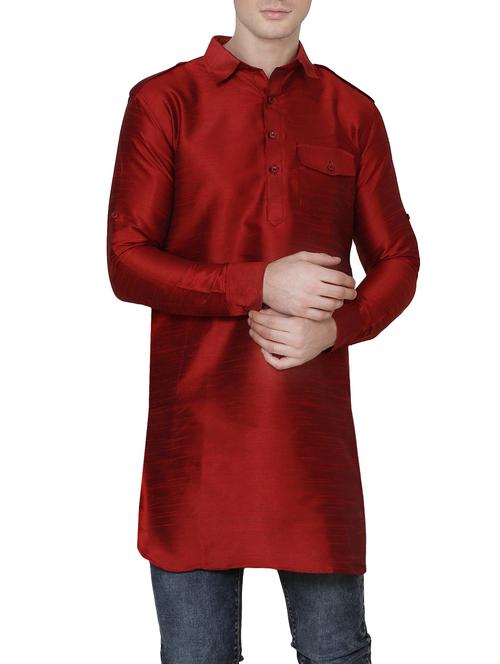 solid red silk blend kurta - 13882658 - Standard Image - 1