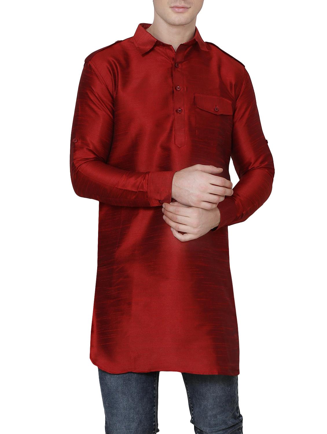 solid red silk blend kurta - 13882658 - Zoom Image - 1