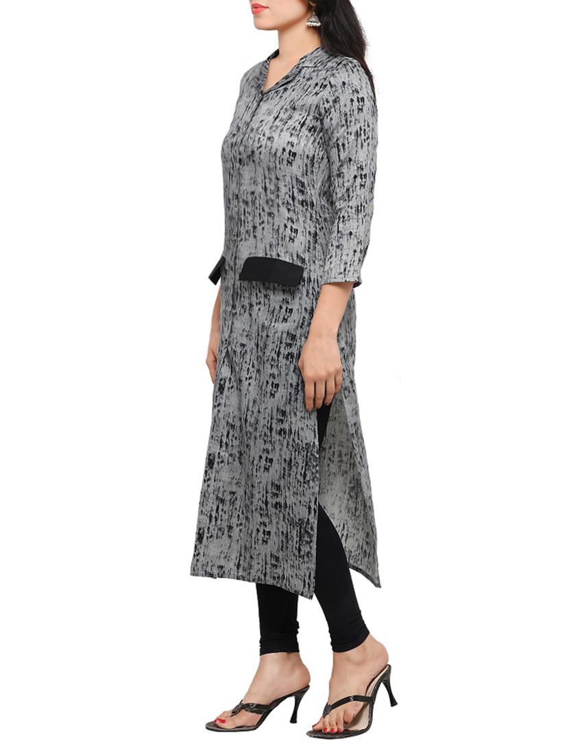 grey cotton straight kurta - 13885454 - Zoom Image - 2