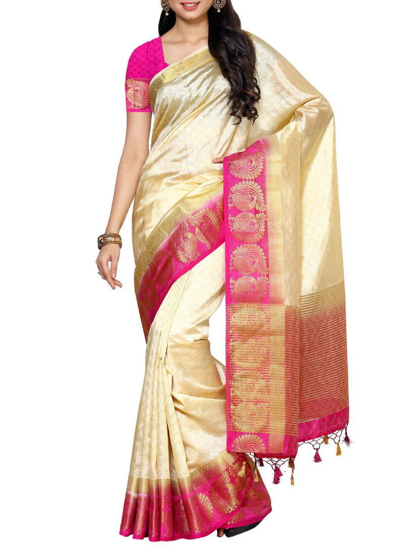beige woven silk saree with blouse - 13885657 - Zoom Image - 1