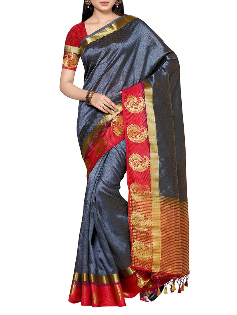 grey silk woven saree with blouse