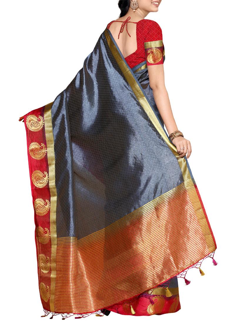 grey silk woven saree with blouse - 13885658 - Zoom Image - 2