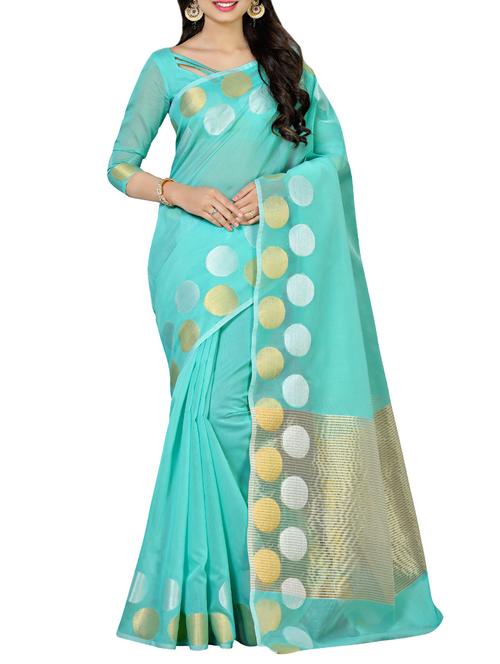 turquoise cotton woven saree with blouse - 13885726 - Standard Image - 1