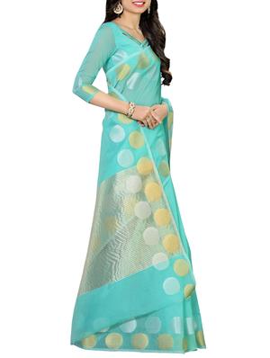 turquoise cotton woven saree with blouse - 13885726 - Standard Image - 2