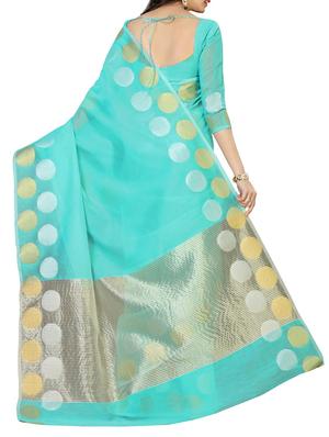 turquoise cotton woven saree with blouse - 13885726 - Standard Image - 3