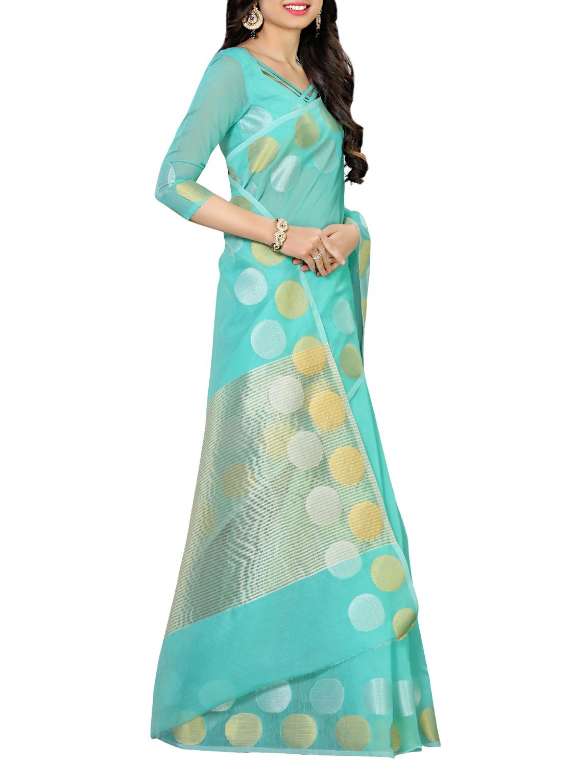turquoise cotton woven saree with blouse - 13885726 - Zoom Image - 2