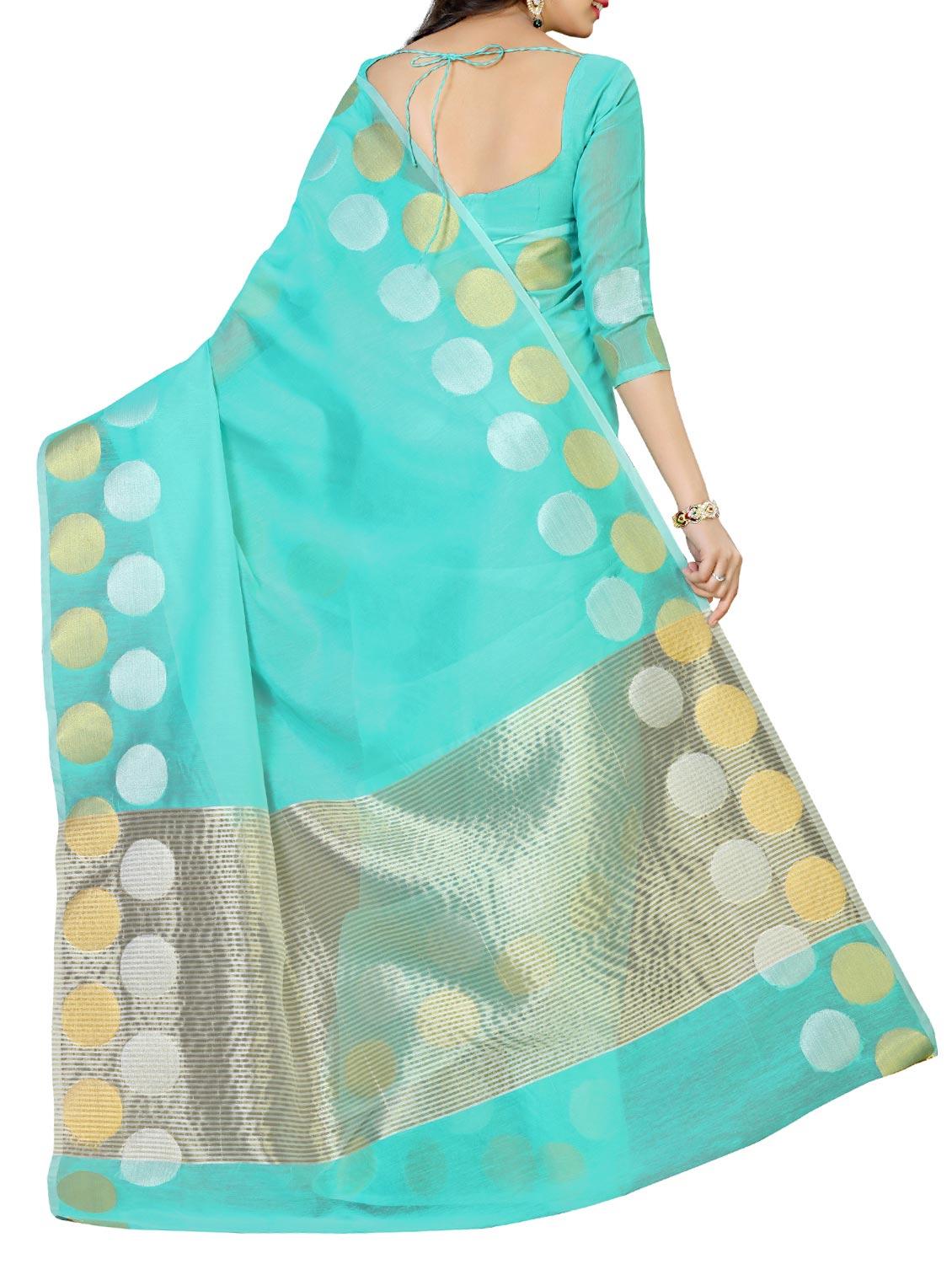turquoise cotton woven saree with blouse - 13885726 - Zoom Image - 3