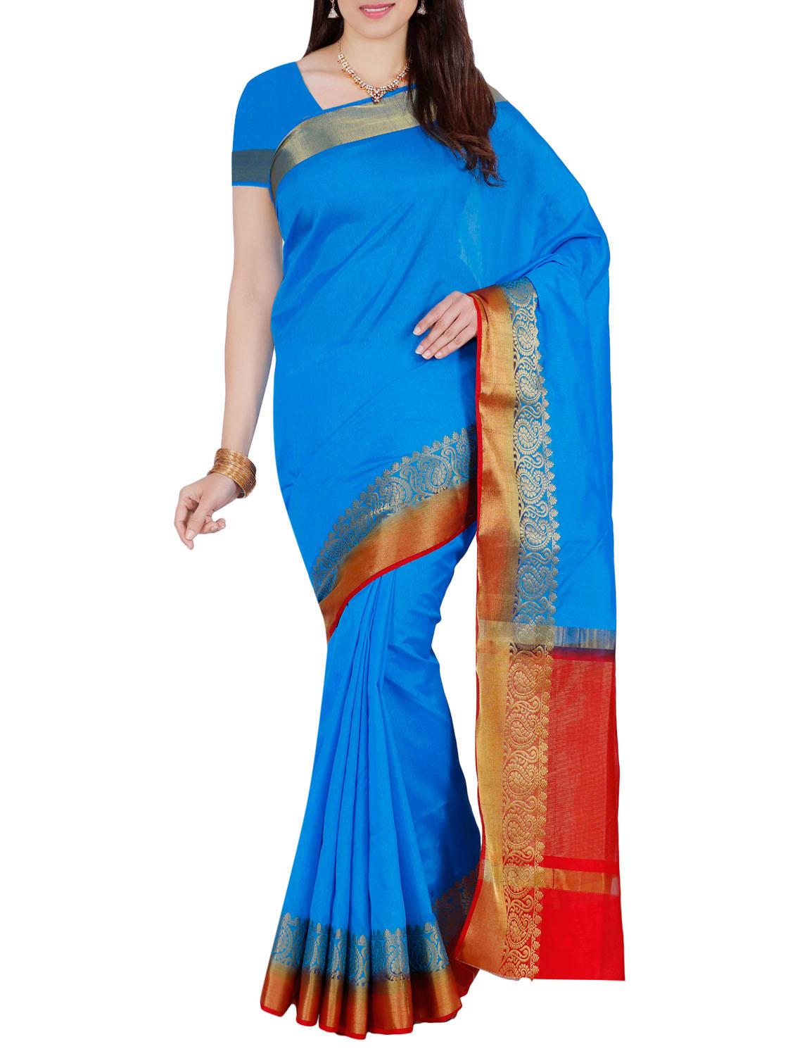 women's bordered blue colored saree with blouse