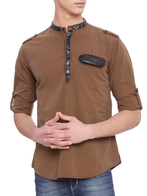brown cotton pathani kurta - 13891450 - Very Small Image - 1