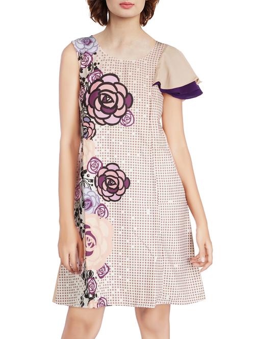 beige printed crepe a-line dress - 13904488 - Very Small Image - 1