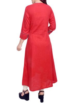 red cotton highlow kurta - 13906879 - Standard Image - 3