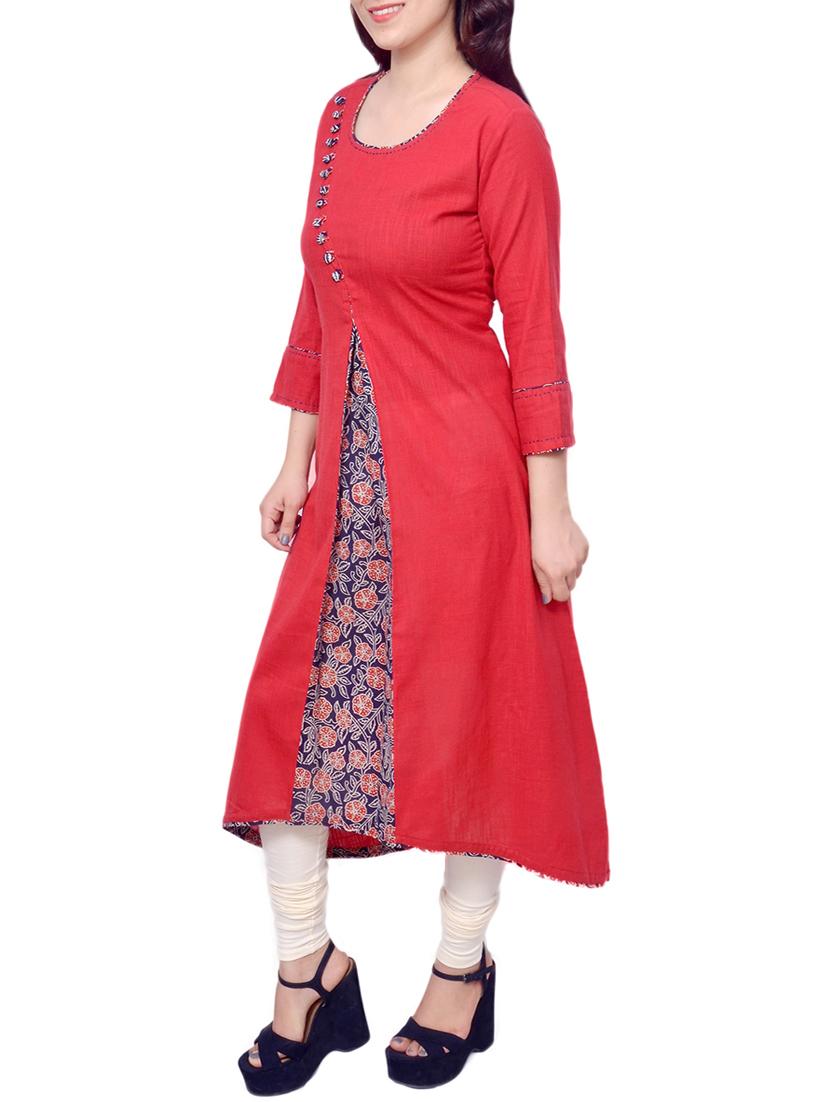 red cotton highlow kurta - 13906879 - Zoom Image - 2