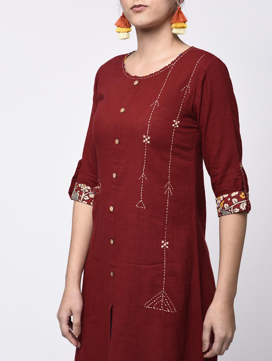 maroon cotton highlow kurta - 13906881 - Zoom Image - 2