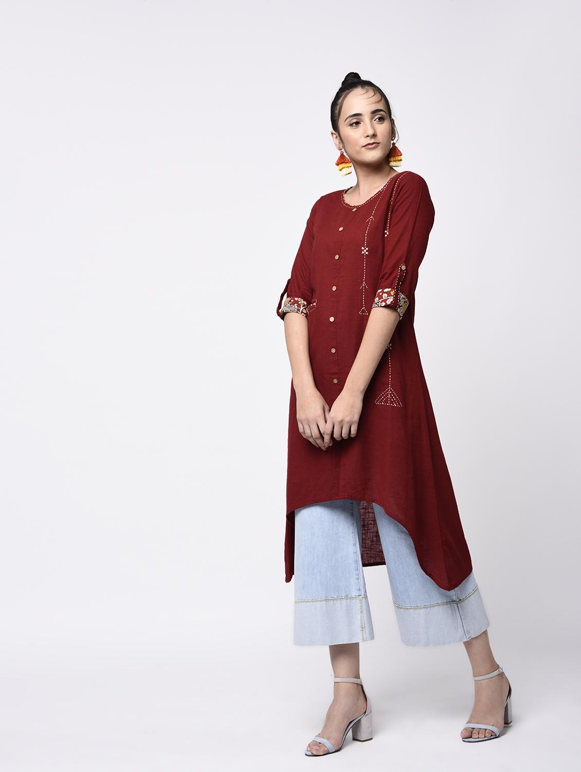 maroon cotton highlow kurta - 13906881 - Zoom Image - 3