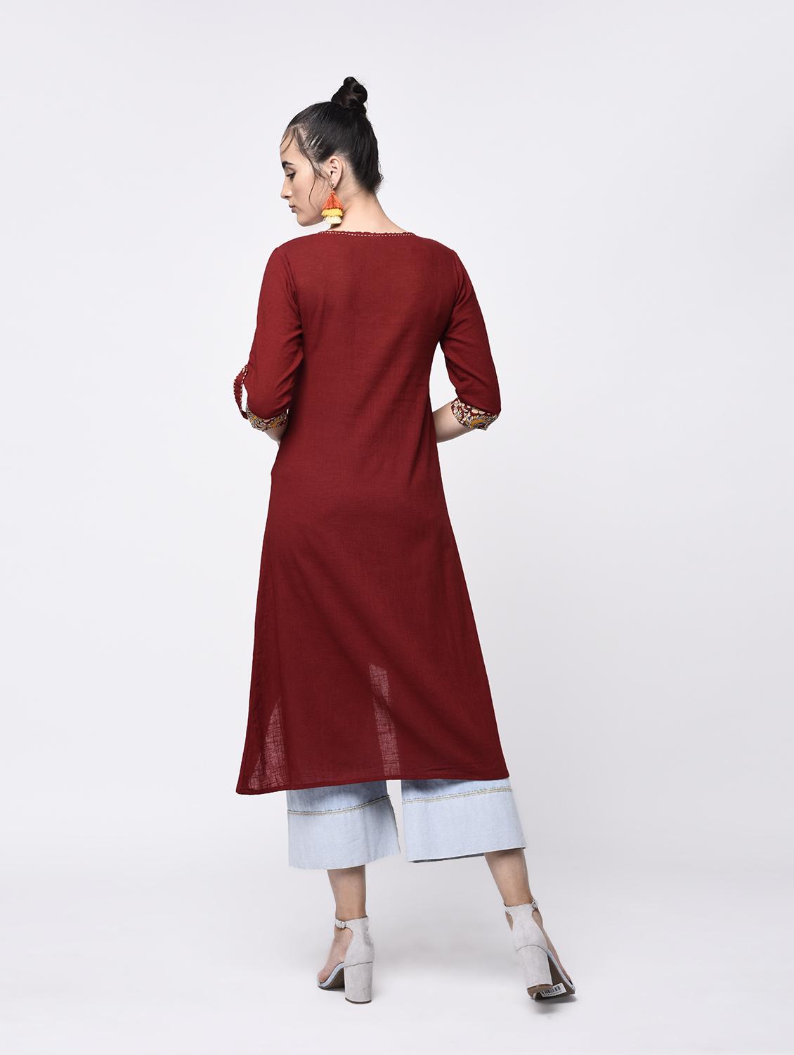 maroon cotton highlow kurta - 13906881 - Zoom Image - 4