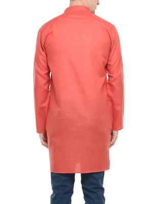 solid coral cotton long kurta - 13910920 - Standard Image - 3
