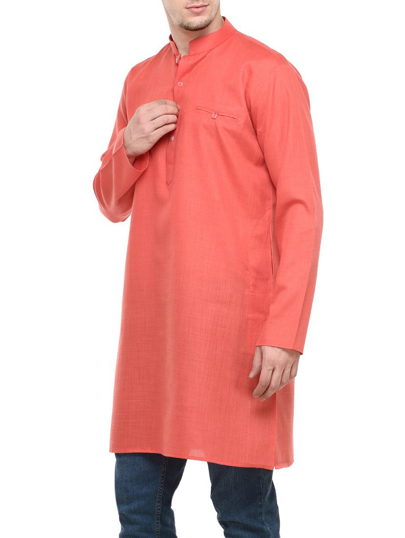 solid coral cotton long kurta - 13910920 - Zoom Image - 2