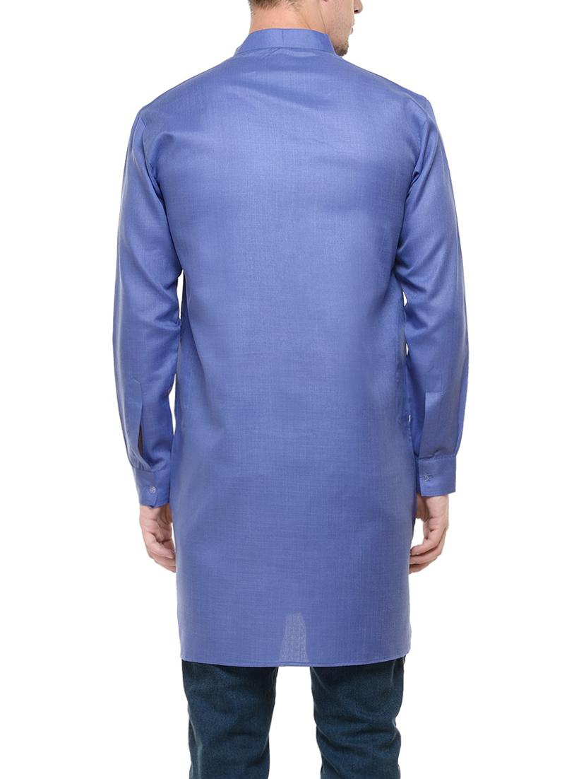 solid blue cotton long kurta - 13910924 - Zoom Image - 3