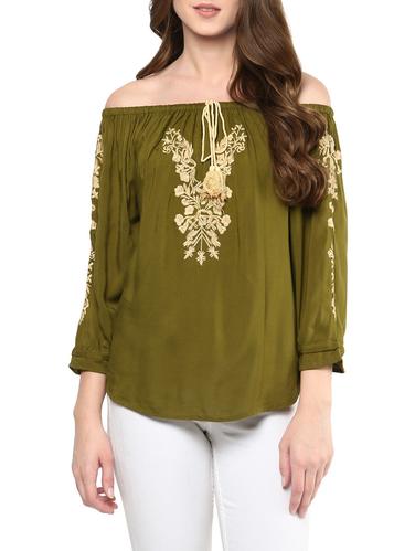 olive green rayon off shoulder top - 13921748 - Very Small Image - 1