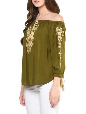 olive green rayon off shoulder top - 13921748 - Standard Image - 2