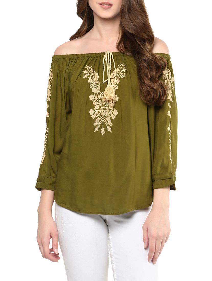 olive green rayon off shoulder top - 13921748 - Zoom Image - 1