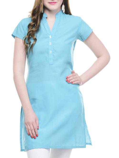 blue solid mandarin neck straight kurti - 13927460 -  Standard Image - 0