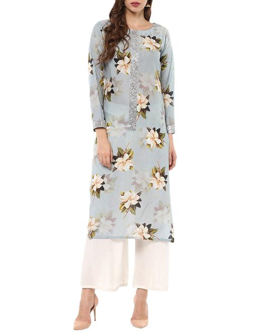 sky blue cotton printed straight kurta - 13927913 - Standard Image - 1