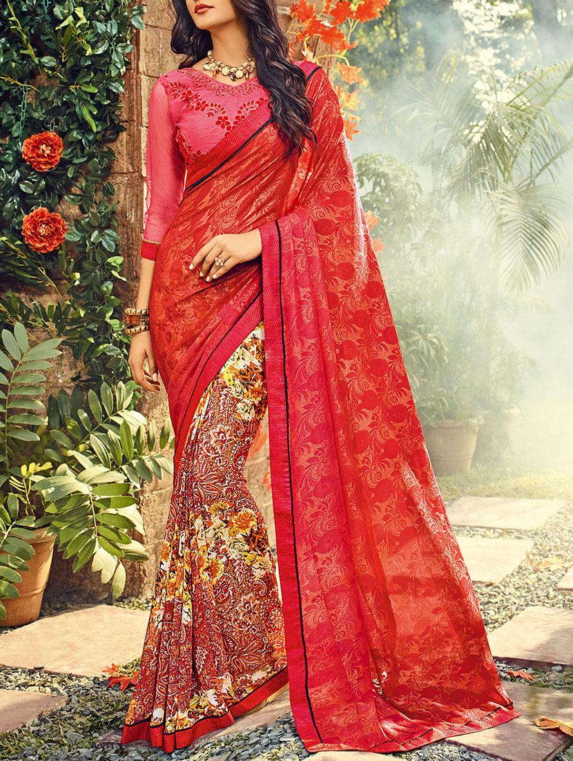 red georgette printed half & half saree with blouse - 13934201 - Zoom Image - 1