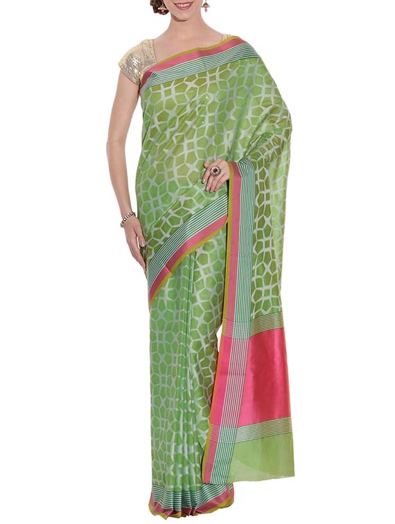 mehandi green woven cotton silk saree with blouse - 13948246 - Zoom Image - 1