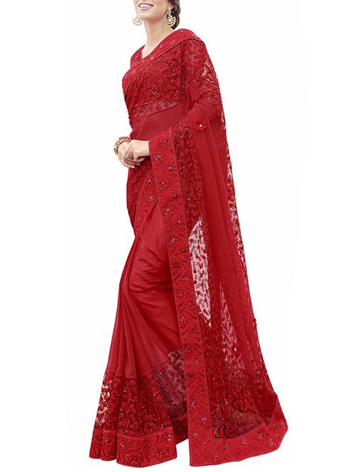 red embroidered net saree with blouse - 13960951 - Standard Image - 1