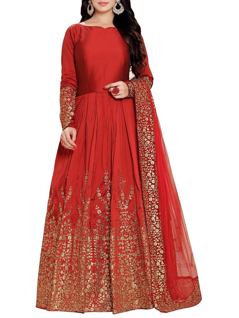 red silk embroidered anarkali semi-stitched suit - 13972987 - Zoom Image - 1