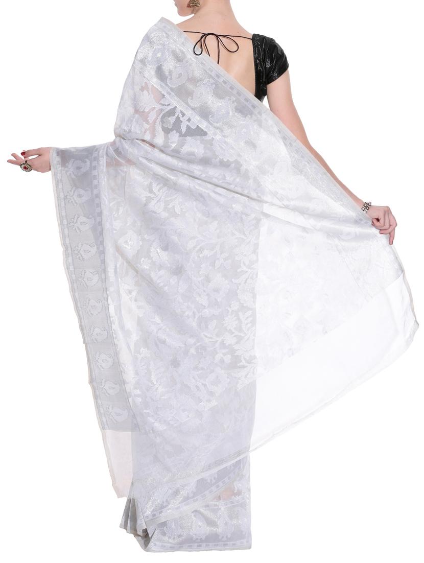 white woven saree with blouse - 13979357 - Zoom Image - 2